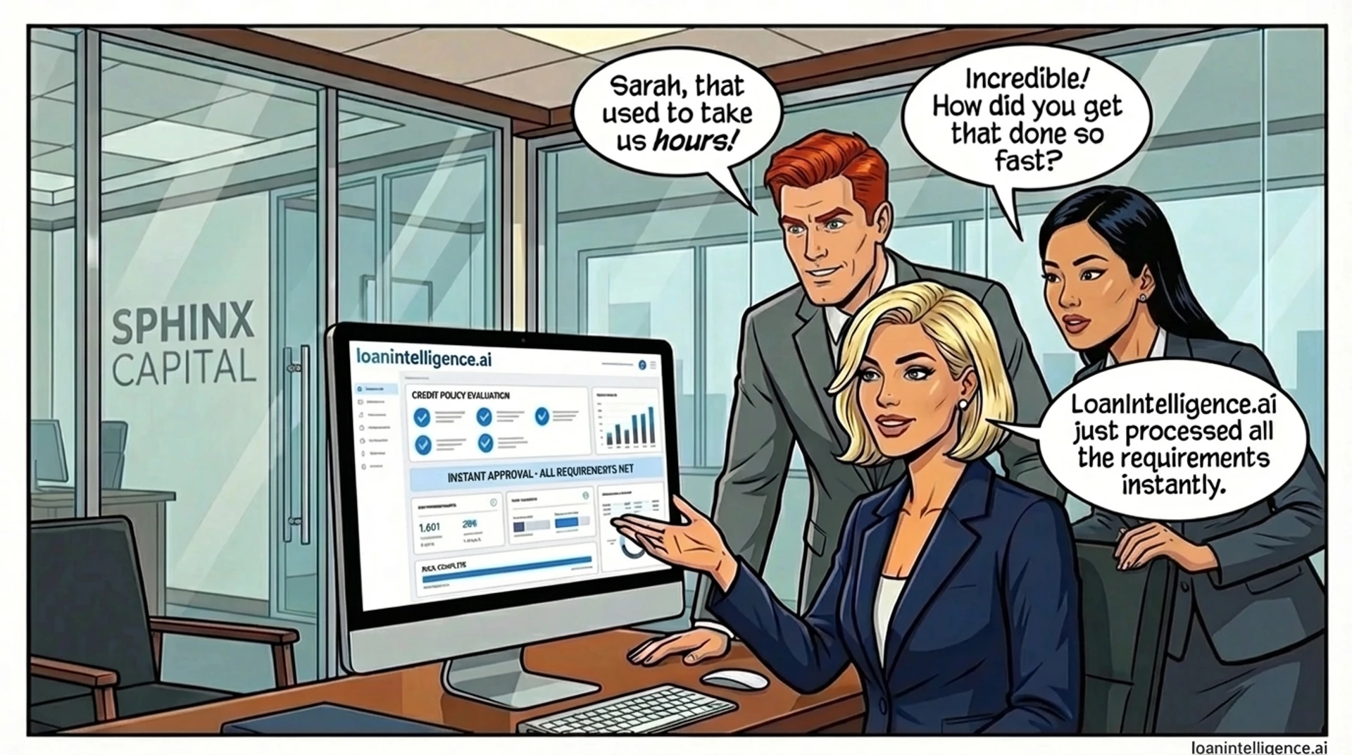 Loan officer smiles at screen showing compliance results, coworkers applaud in office.